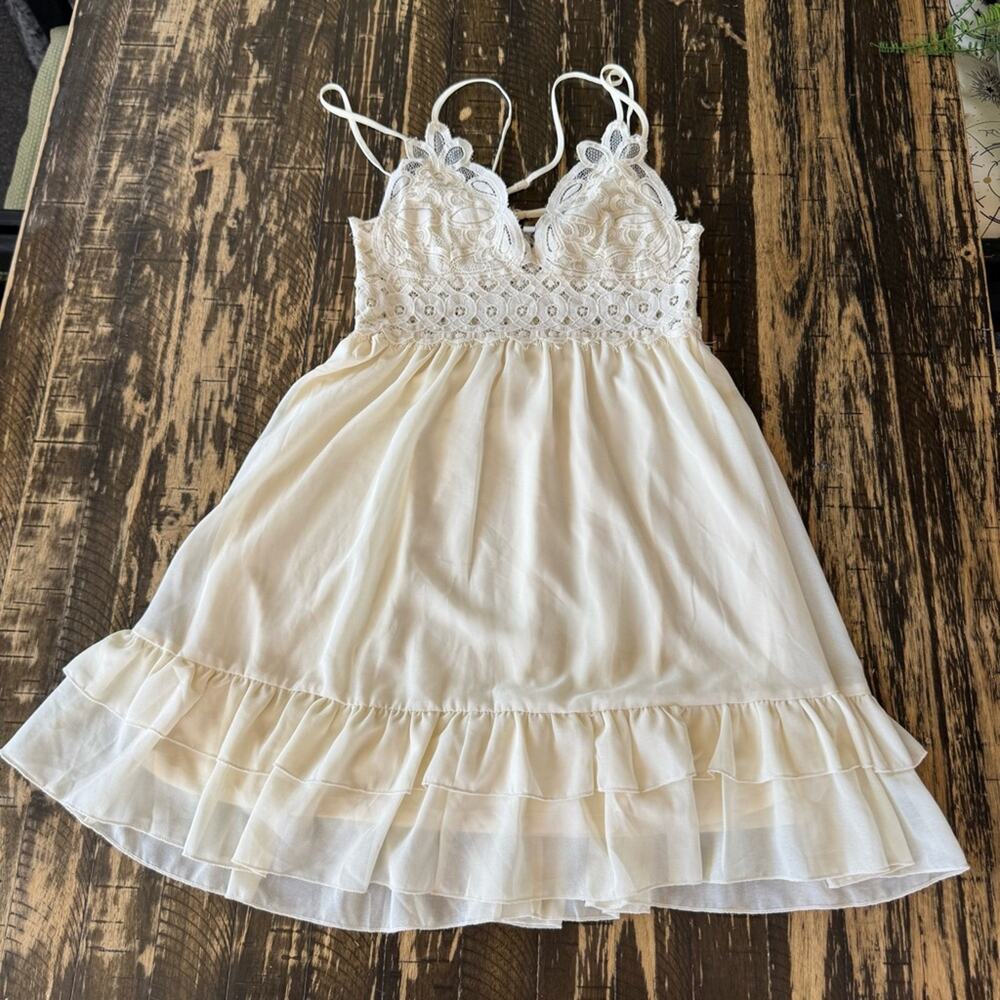 LOVE TREE  - Cream Boho Summer Lace Crochet Country Dress - LARGE